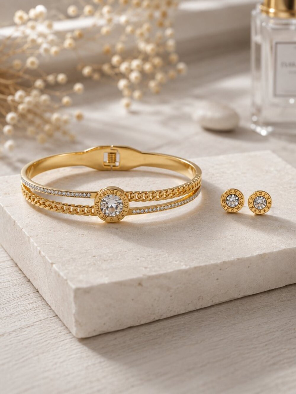 18K Gold Plated 316L Steel CZ Bangle Stud Earring Set Roman Numeral Cuban 2.4"